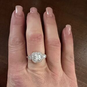 Premier Designs Silver-Tone Cushion Halo Ring with Side Stones - White